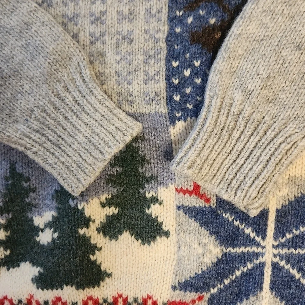Orvis Winter Intarsia Gray Wool  Cardinal Birds Moose Snowflakes Sweater Sz M